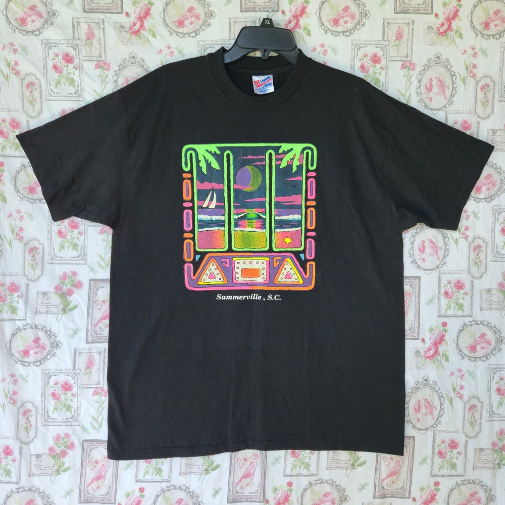 Vintage Hanes Heavyweight 50/50 Summerville SC Neon Tropical T-Shirt XL Black